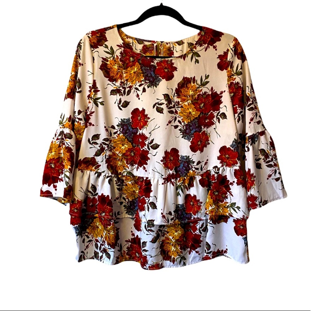 Floral Peplum Blouse - Cream with Red & Mustard Flowers